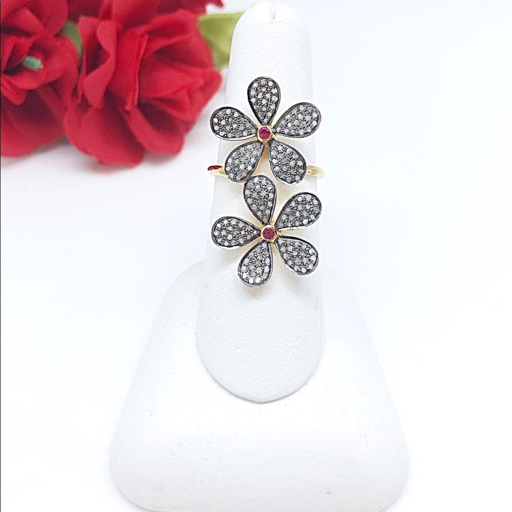 Sale! Oxidized Diamond Double Flower Knuckle to Knuckle Ring w/Ruby Center, NWT